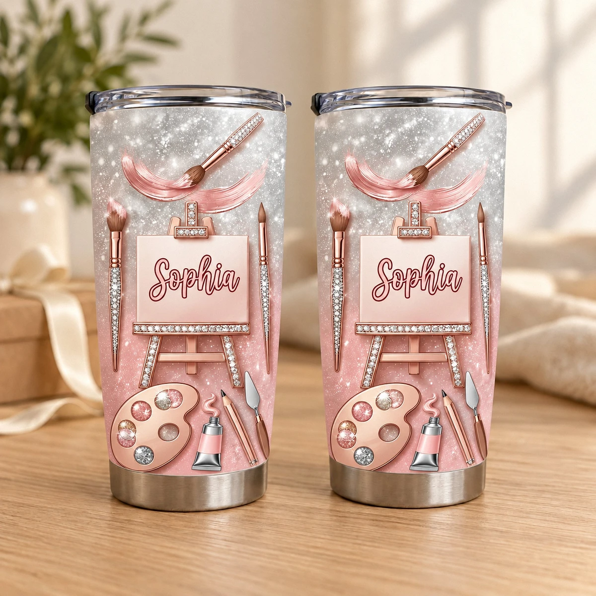 Custom Text Artist Tumbler 20oz, Personalized Painting Travel Cup, Pink Rose Gold Art Tumbler, Painter Gift, Art Lover Gift