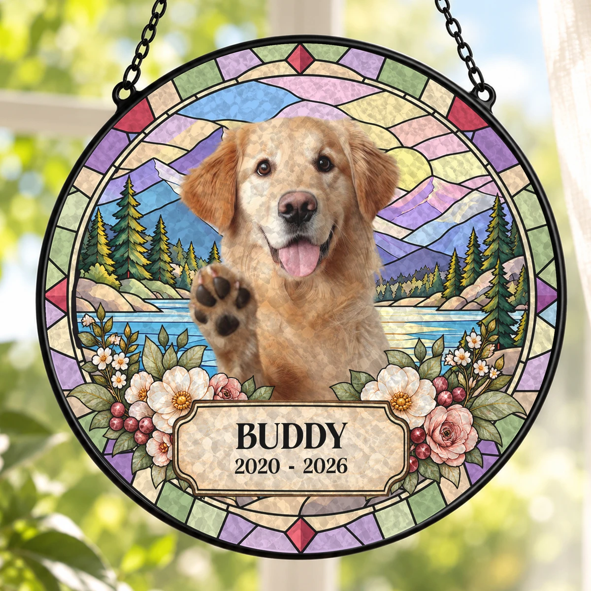 Custom Photo In Loving Memory Dog Cat - Personalized Stained Glass Window Hanging Suncatcher