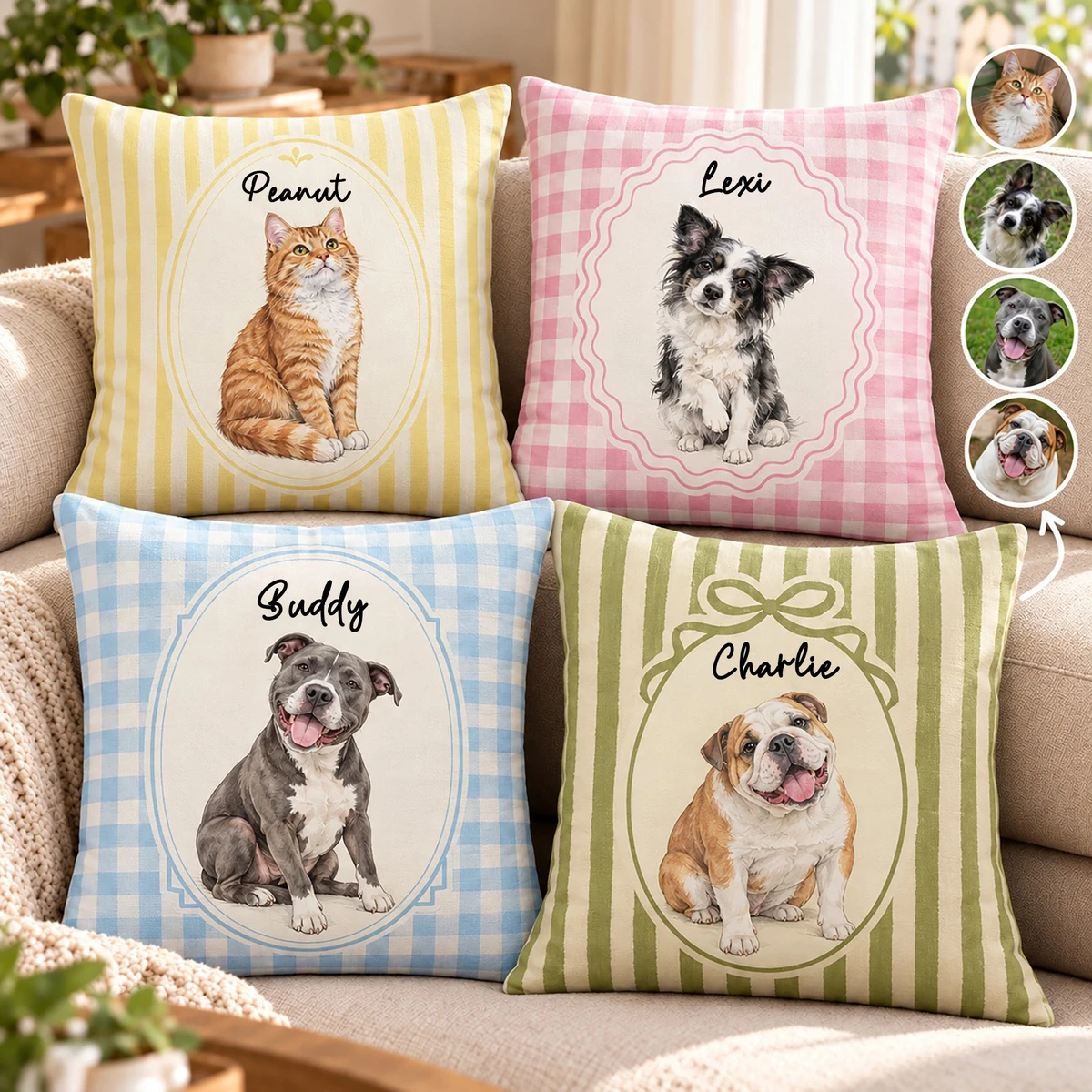Personalized Pet Portrait Pillow Cover - Custom Name And Background Style, Vintage Cottagecore Home Decor
