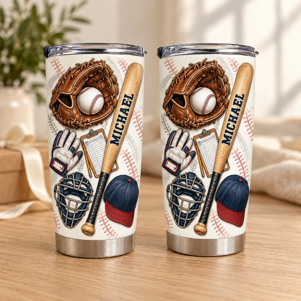 Personalized Baseball Tumbler 20oz Custom Text, Baseball Glove Bat & Ball Travel Cup, Sports Drink Tumbler For Player Coach Dad, Baseball Gift