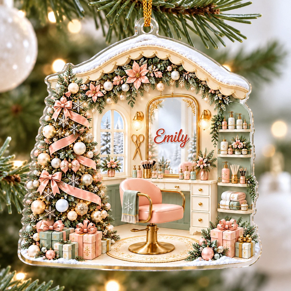 Her Little Christmas Salon Personalized Ornament, Custom Text Beauty Studio Decor, Hair Stylist Makeup Artist Holiday Gift