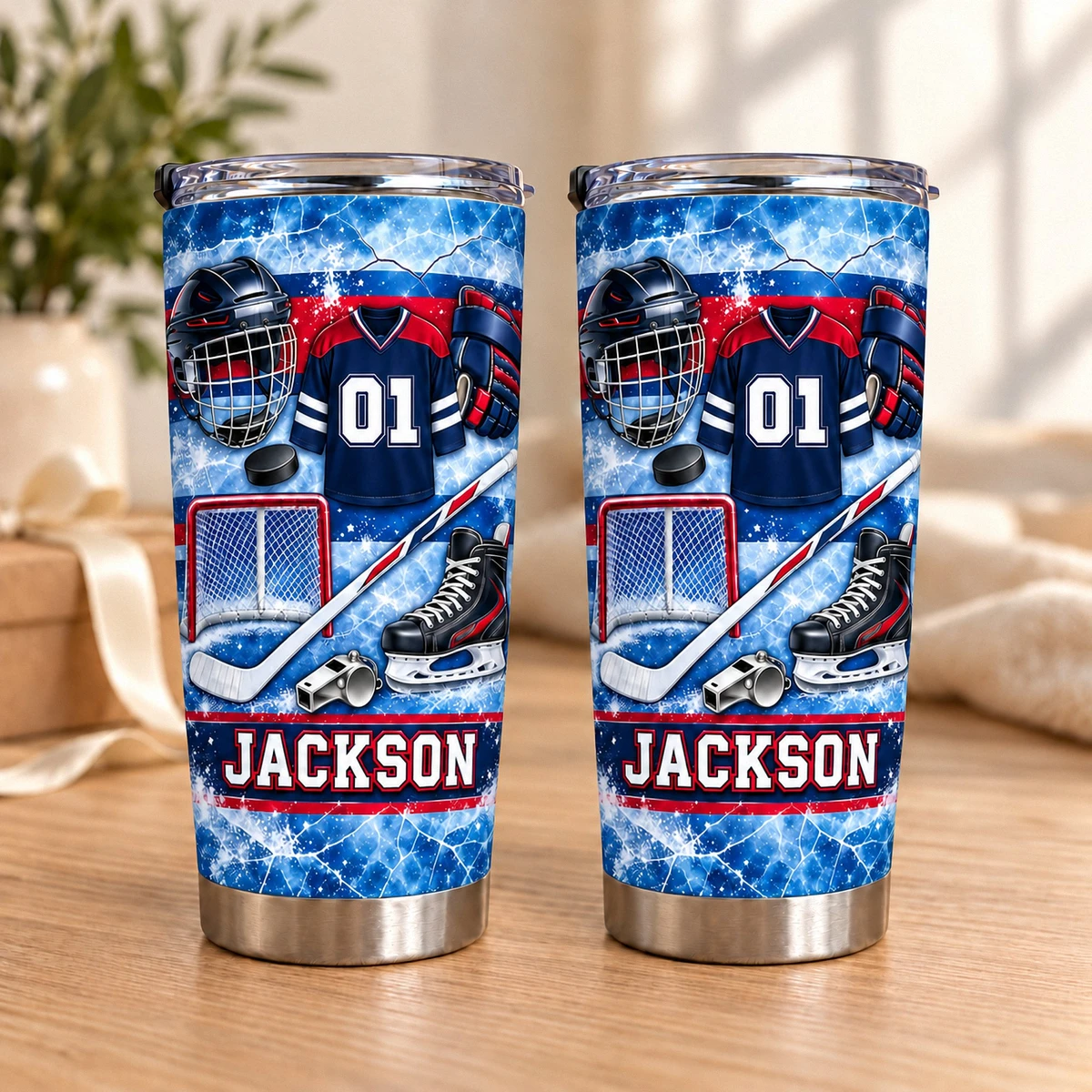 Personalized Hockey Tumbler 20oz Custom Text, Ice Hockey Travel Cup, Hockey Gear Inspired Drink Tumbler, Player Coach Dad Gift