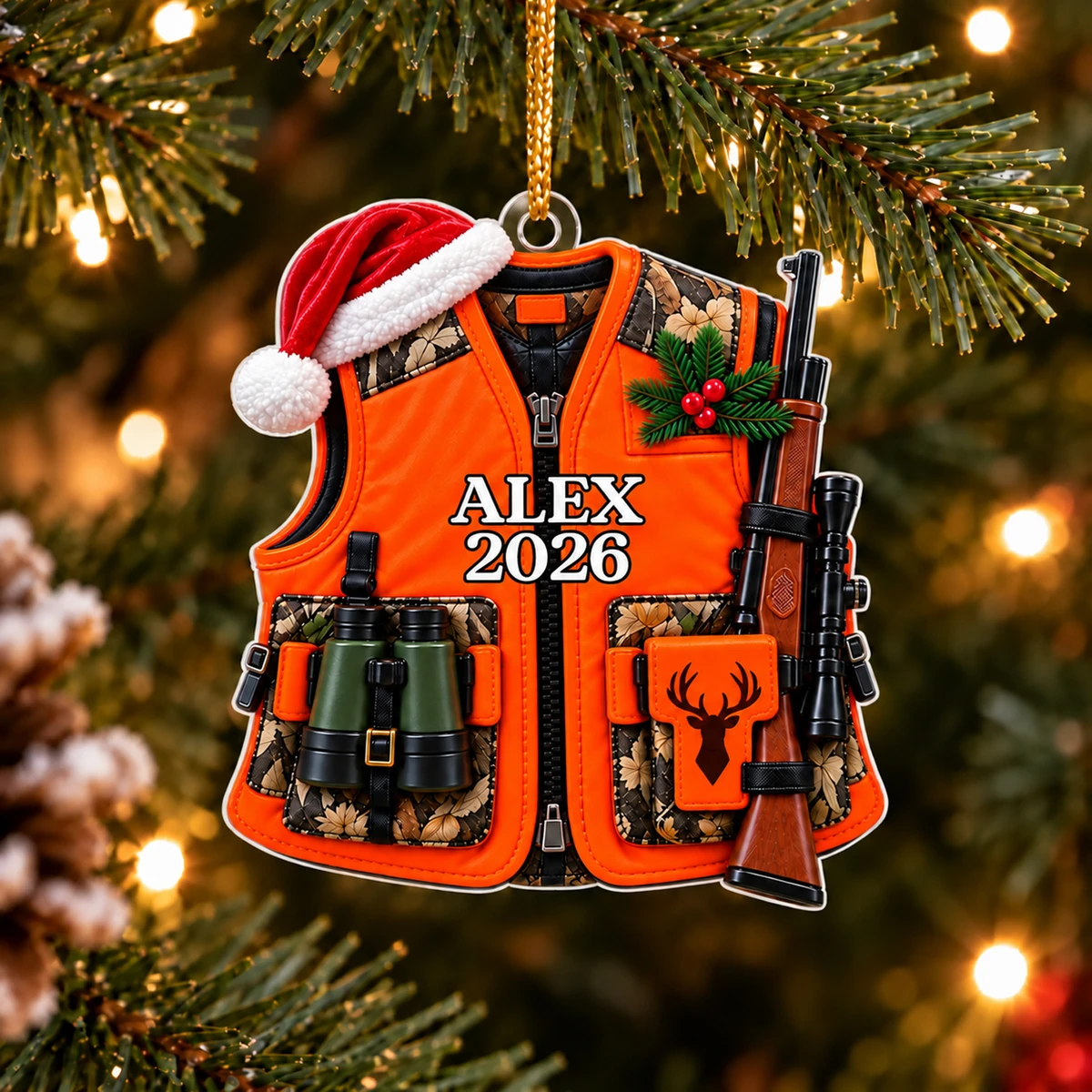 Personalized Hunting Vest Christmas Ornament – Custom Name And Year Hunter Acrylic Ornament, Orange Hunting Gear With Rifle And Binoculars, Christmas Gift For Hunters And Dad