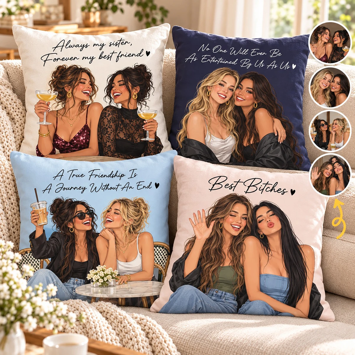 Custom Sister And Best Friend Pillow - Personalized Photo Illustration With Special Message