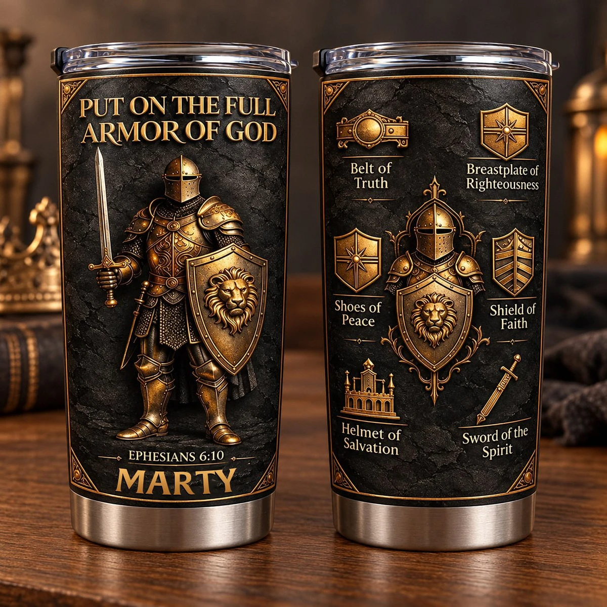 Personalized 20oz Tumbler Custom Name – Armor Of God Christian Gift, Ephesians 6:10 Faith Warrior Stainless Steel Cup