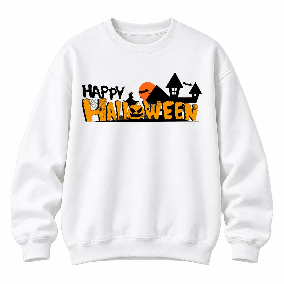 Happy Halloween Sweatshirt – Spooky Haunted House And Pumpkin Graphic Crewneck Sweatshirt, Cute Halloween Sweater, Fall Outfit, Halloween Gift For Men And Women