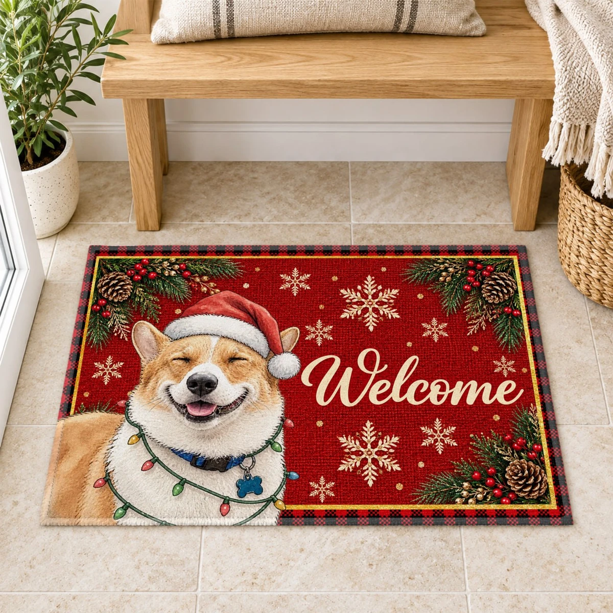 Custom Pet Photo Christmas Doormat, Personalized Dog Welcome Mat, Santa Puppy Holiday Door Decor, Christmas Gift For Dog & Cat Lovers