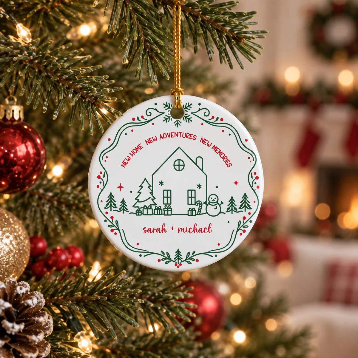 Personalized Round Ceramic Christmas Ornament Custom Name – New Home New Adventures Couple Keepsake Christmas Gift
