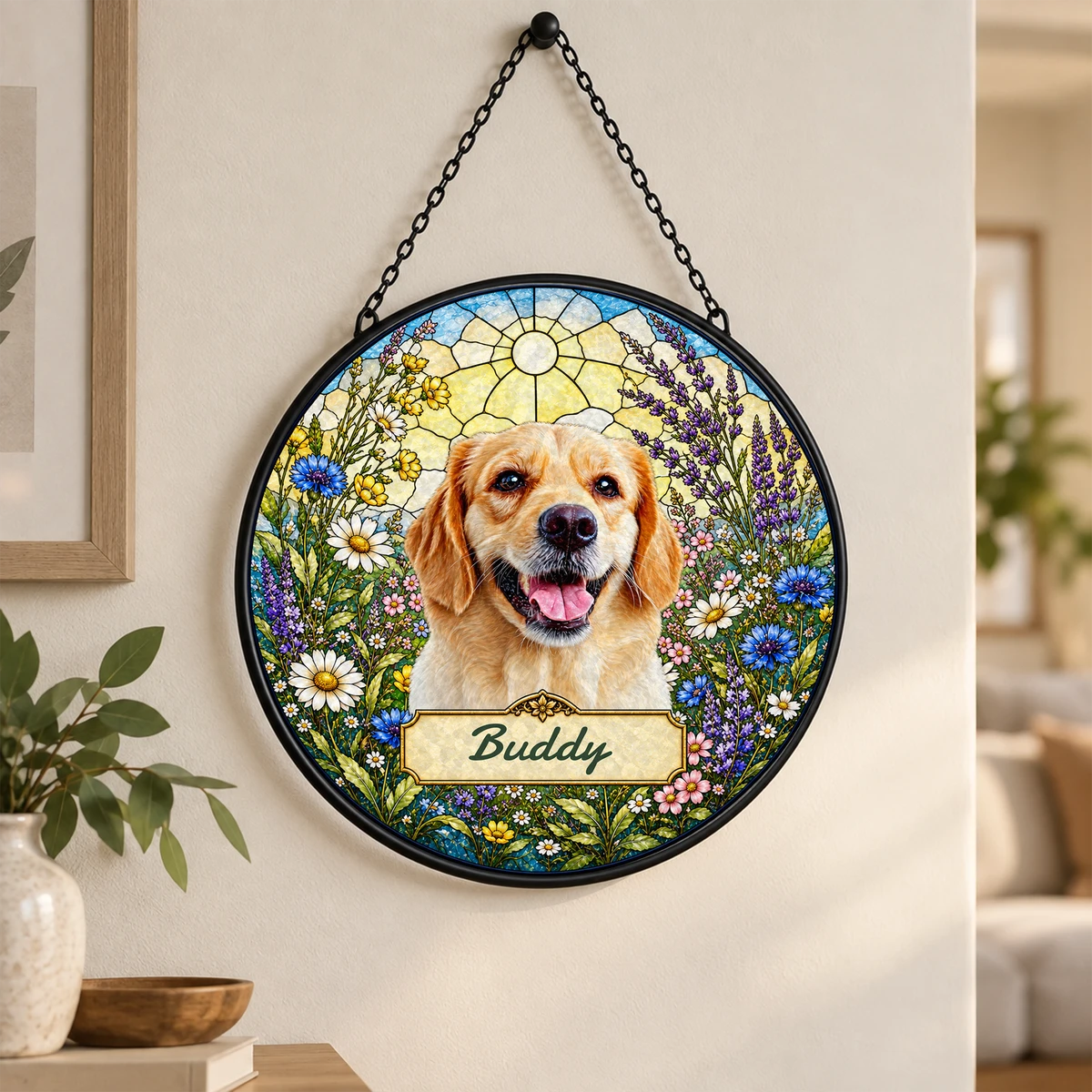 Personalized Pet Memorial Suncatcher Custom Dog Cat Name, Stained Glass Dog Cat Portrait, Pawprint Keepsake, Memorial Gift For Dog & Cat Lovers