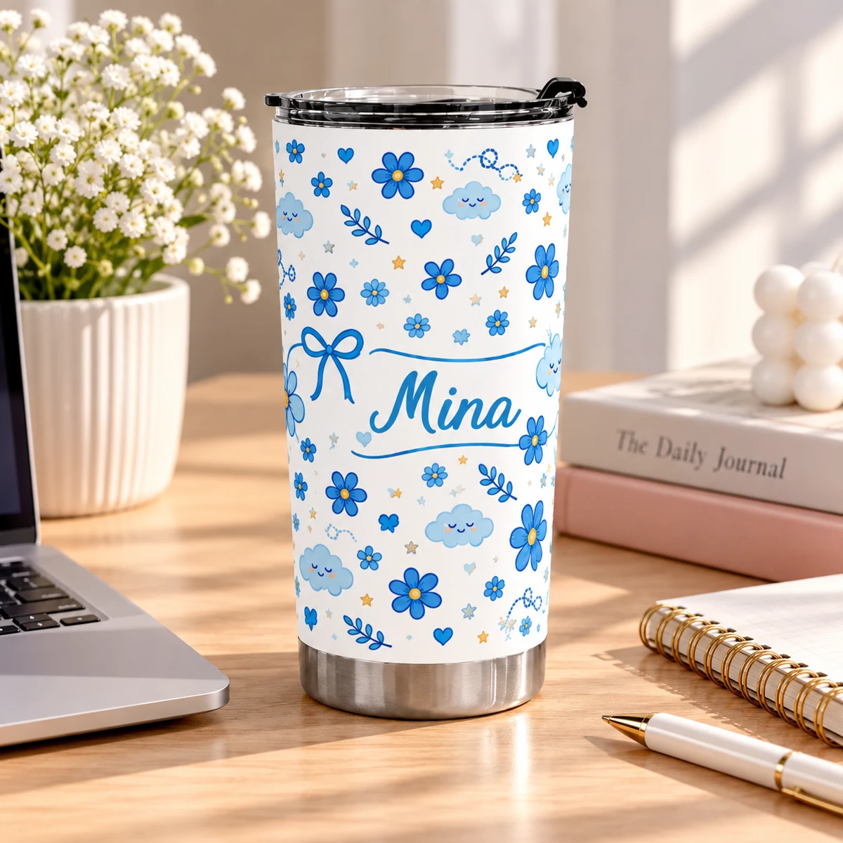 Personalized 20 Oz Tumbler, Custom Name Floral Cup, Insulated Stainless Steel Travel Mug, Birthday Gift For Her Ulan