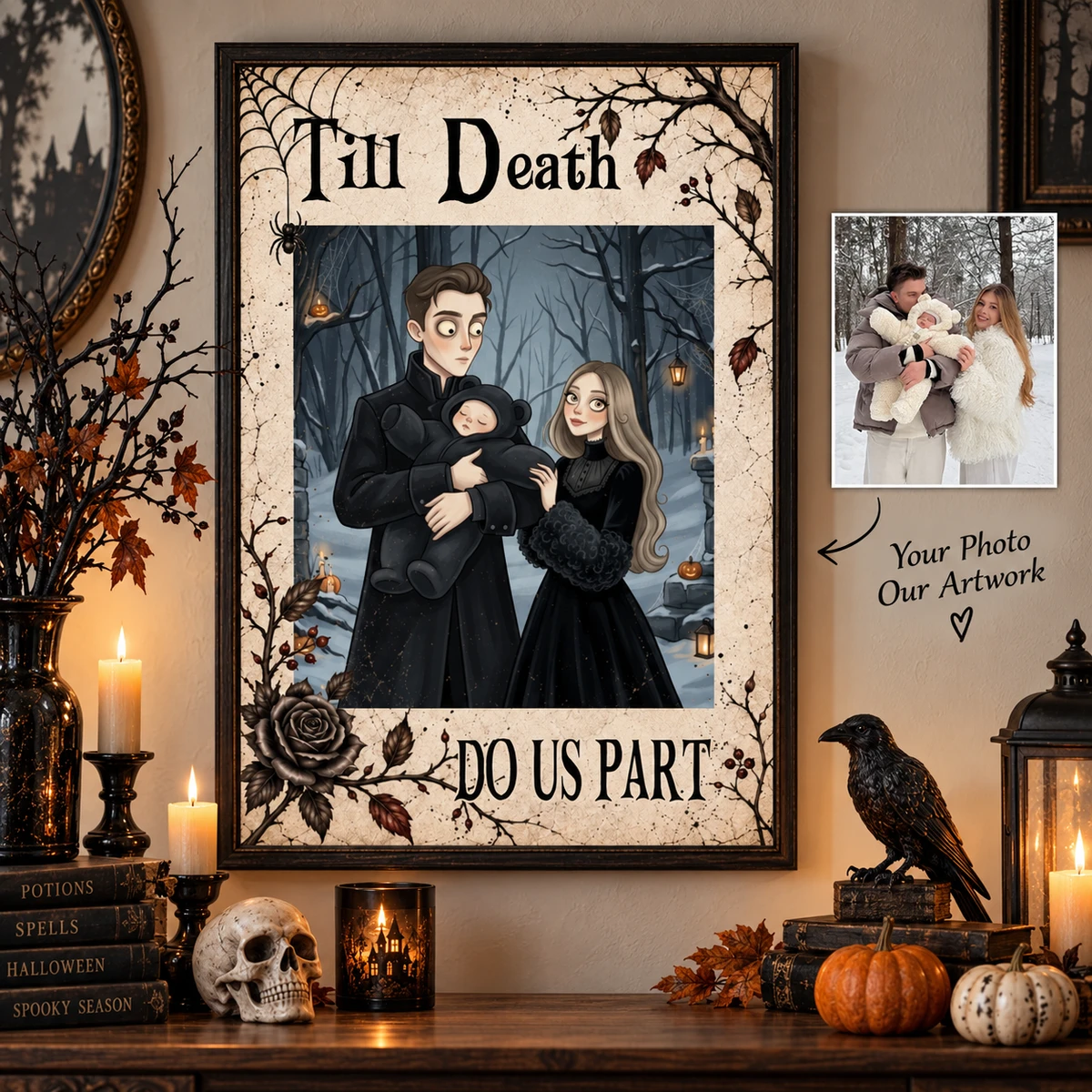 Personalized Halloween Poster Custom Photo – Till Death Do Us Part Gothic Couple Portrait Spooky Wall Decor Gift