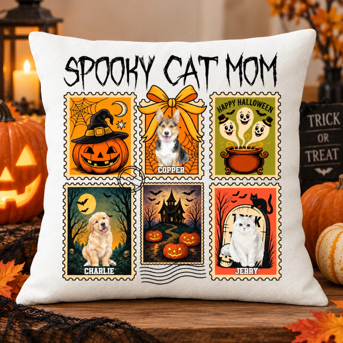 Personalized Spooky Halloween Stamp Pillow - Custom Pet Photos And Names