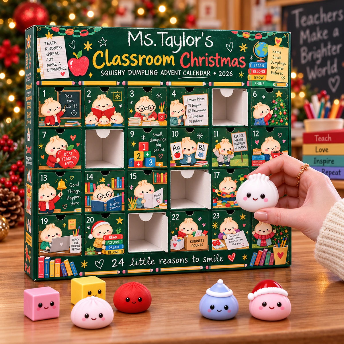 Personalized Teacher Christmas Advent Calendar 2026 – 24 Days Squishy Dumpling Countdown Calendar, Cute Classroom Holiday Gift For Teachers
