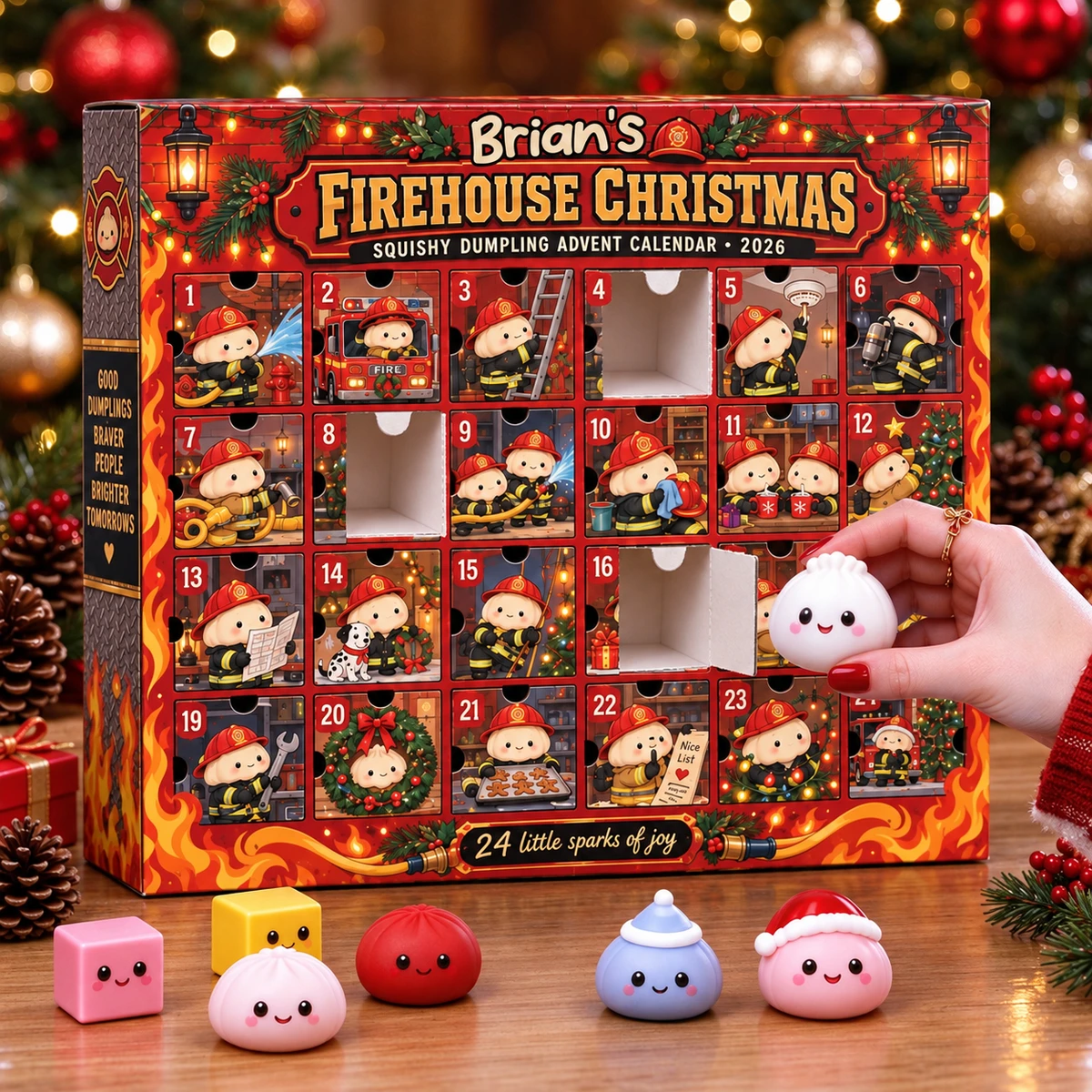 Personalized Firefighter Dumpling Advent Calendar 2026, Custom Name 24 Days Squishy Surprise Toys