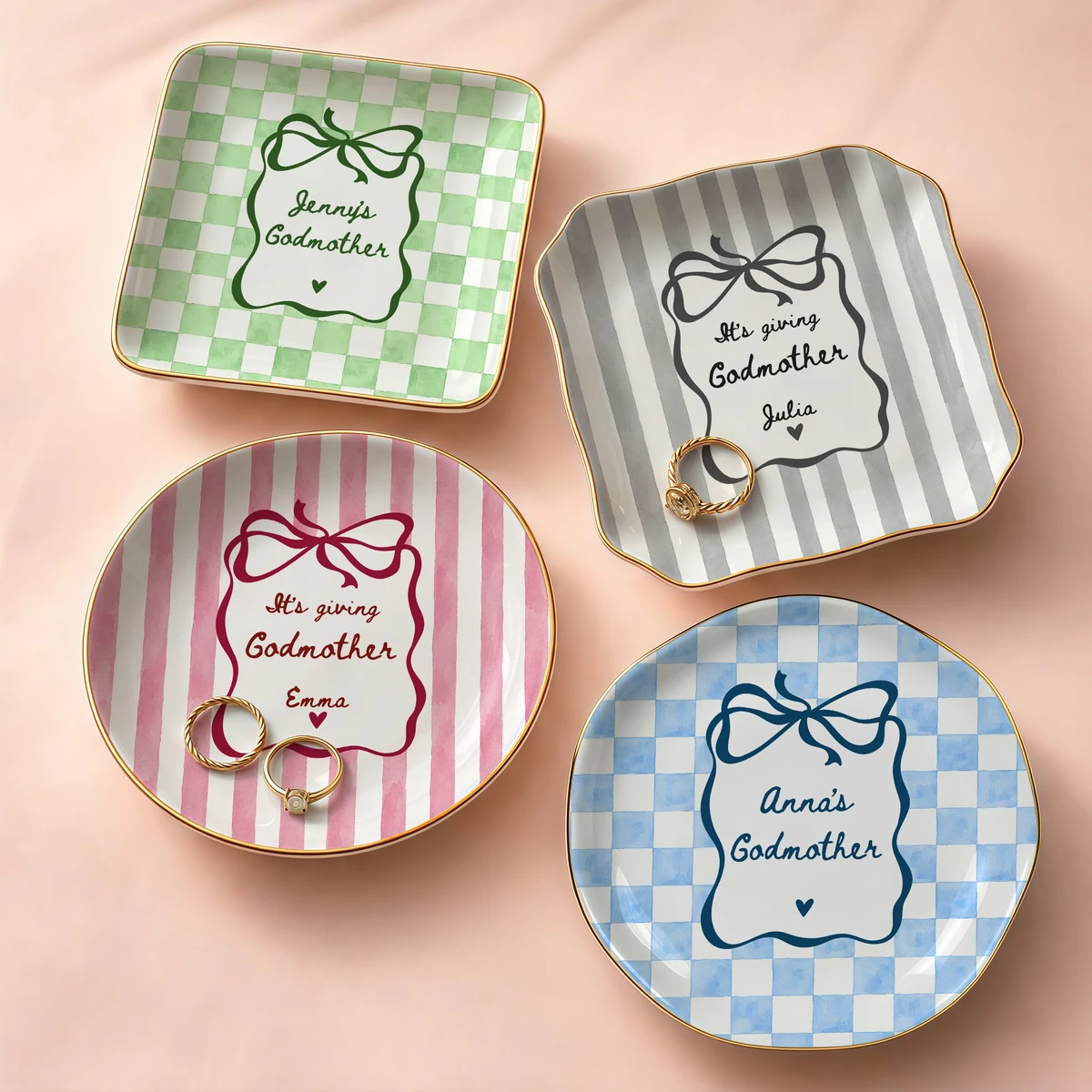 Personalized Ring Dish Custom Name – Godmother Gift, Bow Design Jewelry Holder Trinket Dish Keepsake Gift
