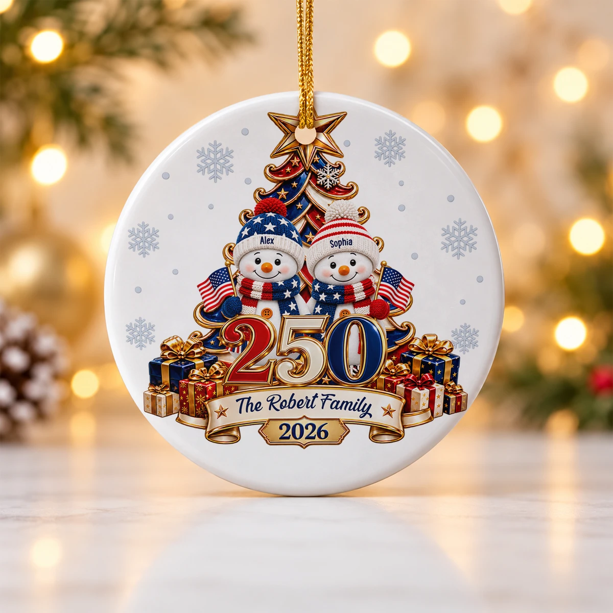 Snowman 250 Years Of Freedom America Anniversary - Personalized Circle Glass Ornament
