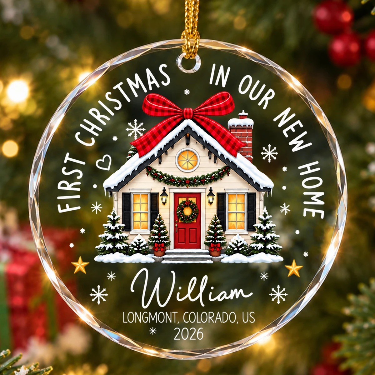 Personalized First Christmas In Our New Home Glass Ornament – Custom Name, Location & Year Christmas Tree Decoration, New Homeowner Housewarming Gift
