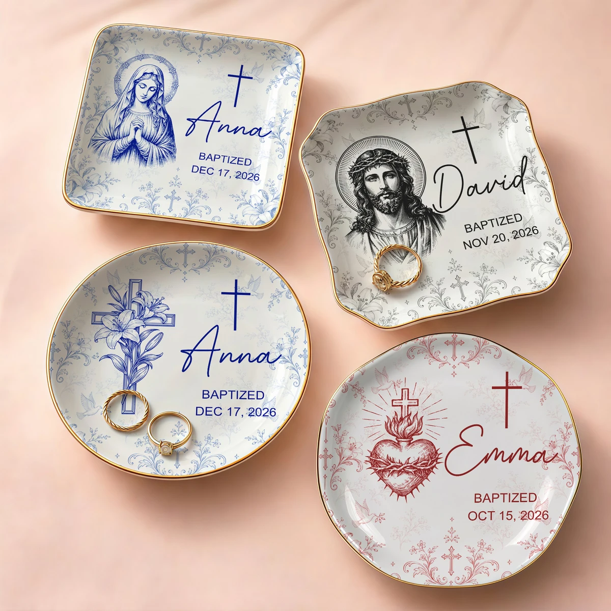Personalized Baptism Ring Dish Custom Name & Date, Christian Keepsake Jewelry Tray, Cross Religious Trinket Dish, Meaningful Baptism Gift