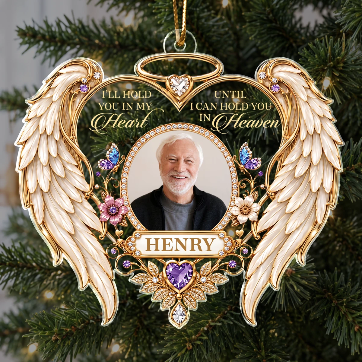 Personalized Angel Wings Memorial Photo Ornament – Custom Name & Picture Heart-Shaped Christmas Ornament, I'Ll Hold You In My Heart Until Heaven, Sympathy Gift For Loss Of Loved One
