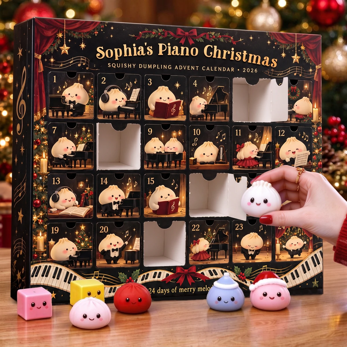 Personalized Dumpling Advent Calendar Custom Name – Piano Music Christmas Theme, 24 Days Squishy Mystery Fidget Toys Holiday Gift
