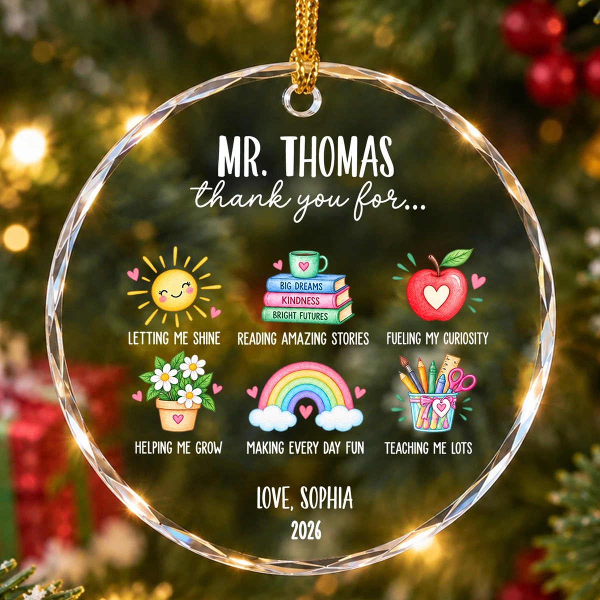 Personalized Teacher Christmas Ornament Custom Name & Year, Round Glass Keepsake, Thank You Teacher Holiday Decor, Meaningful Gift From Student