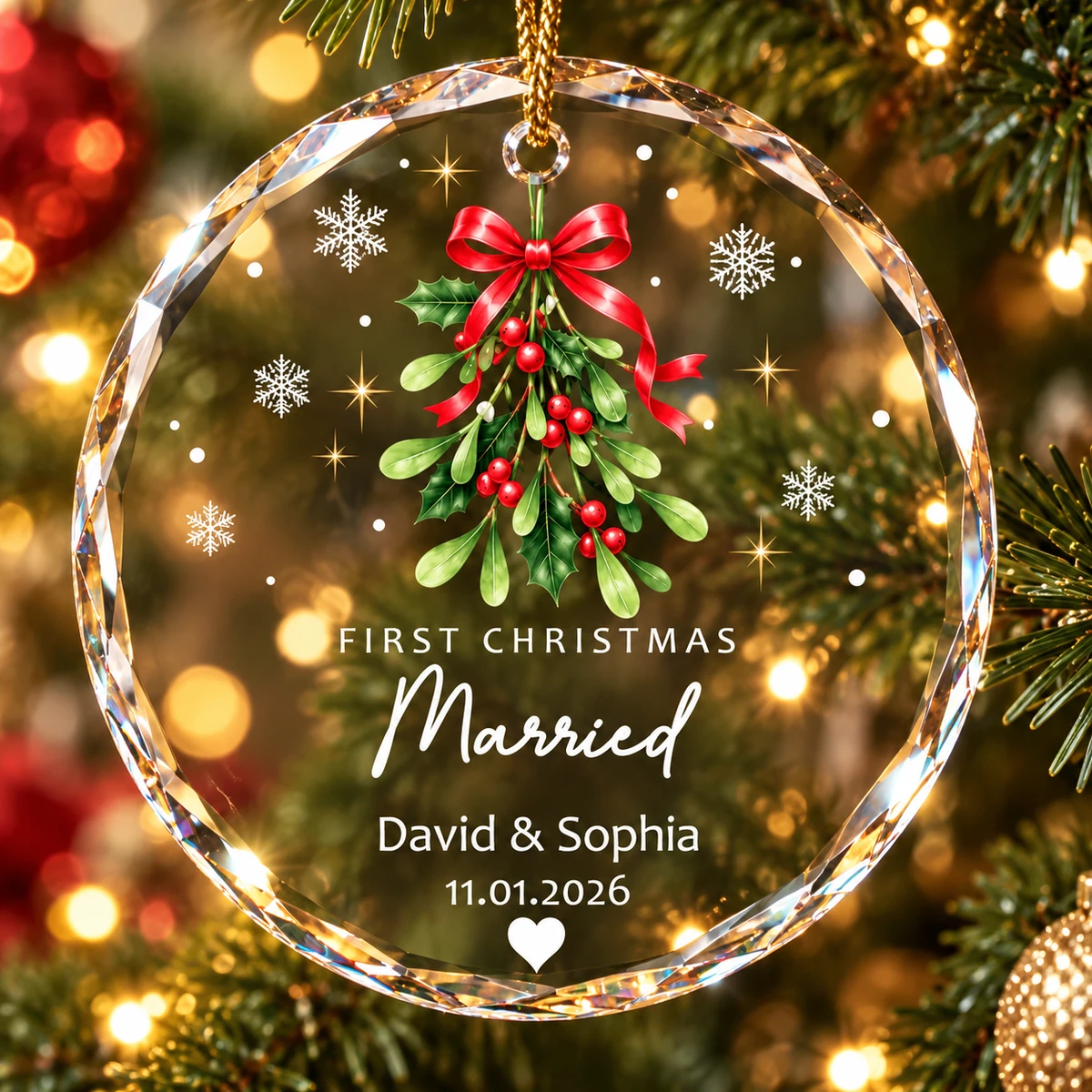 Personalized Round Christmas Ornament Custom Couple Names – First Christmas Married Keepsake, Romantic Holiday Tree Decor Gift