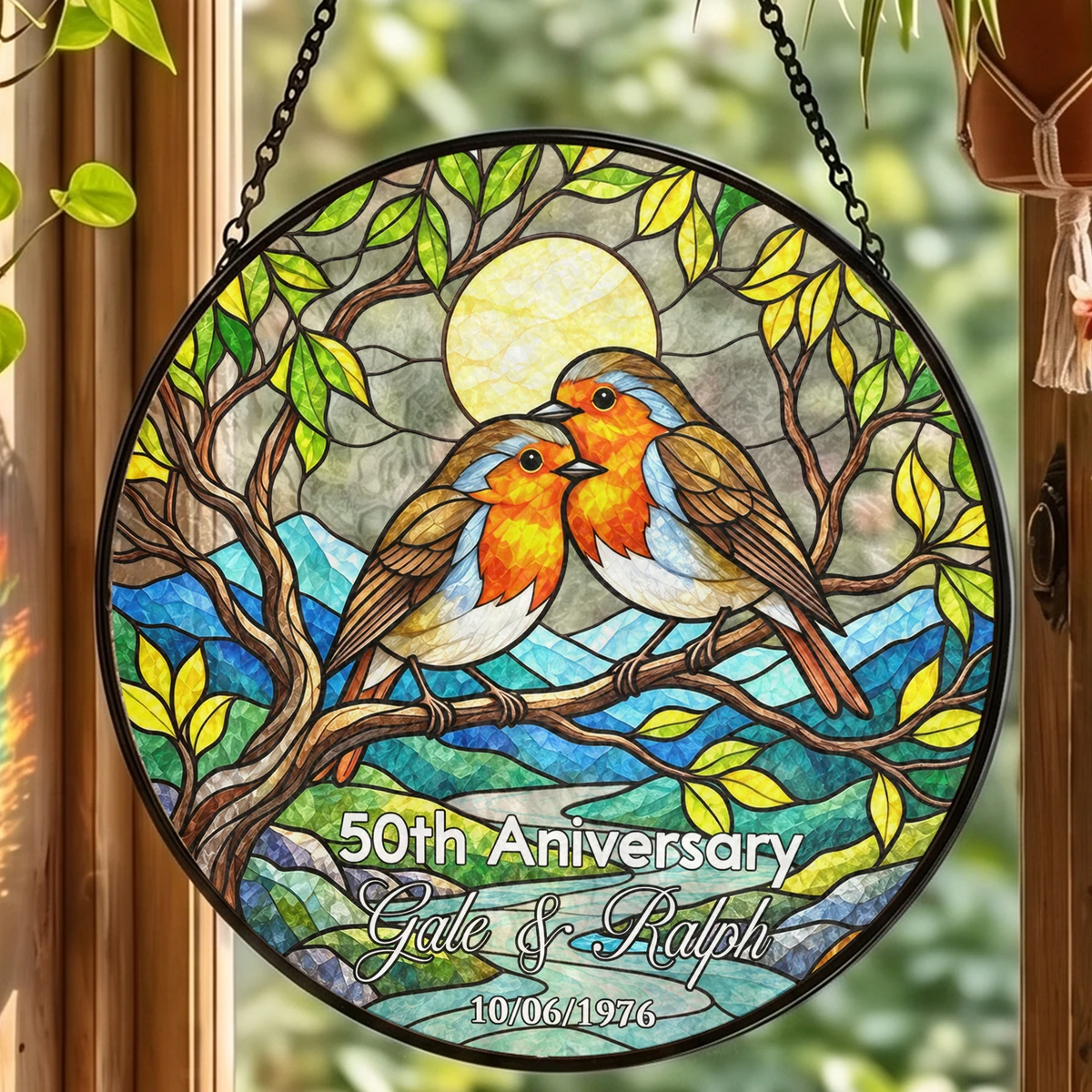 Personalized 50th Wedding Anniversary Stained Glass Suncatcher – Custom Names, Date & Anniversary Year Love Birds Window Hanging Ornament, Golden Anniversary Gift For Couples