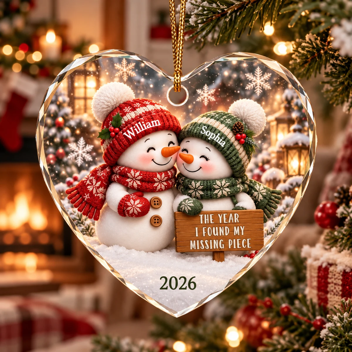 Personalized Heart Shaped Glass Christmas Ornament Custom Couple Names – Snowman Love Keepsake, Romantic Holiday Tree Decor Gift