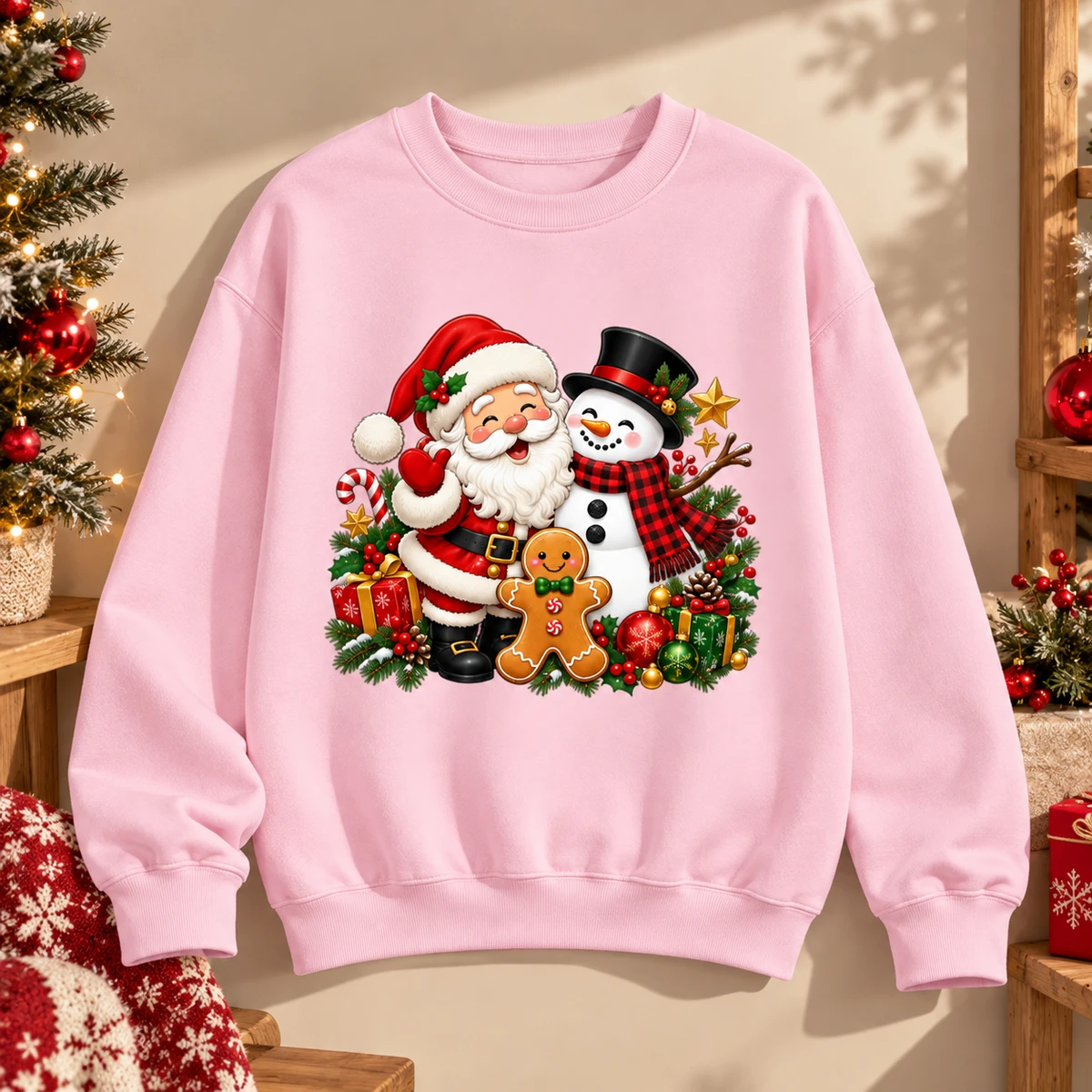 Santa Snowman Christmas Shirt, Cute Gingerbread Man Tee, Festive Trio Xmas Top, Christmas Gift For Her, Cosy Holiday Family Reunion T Shirt