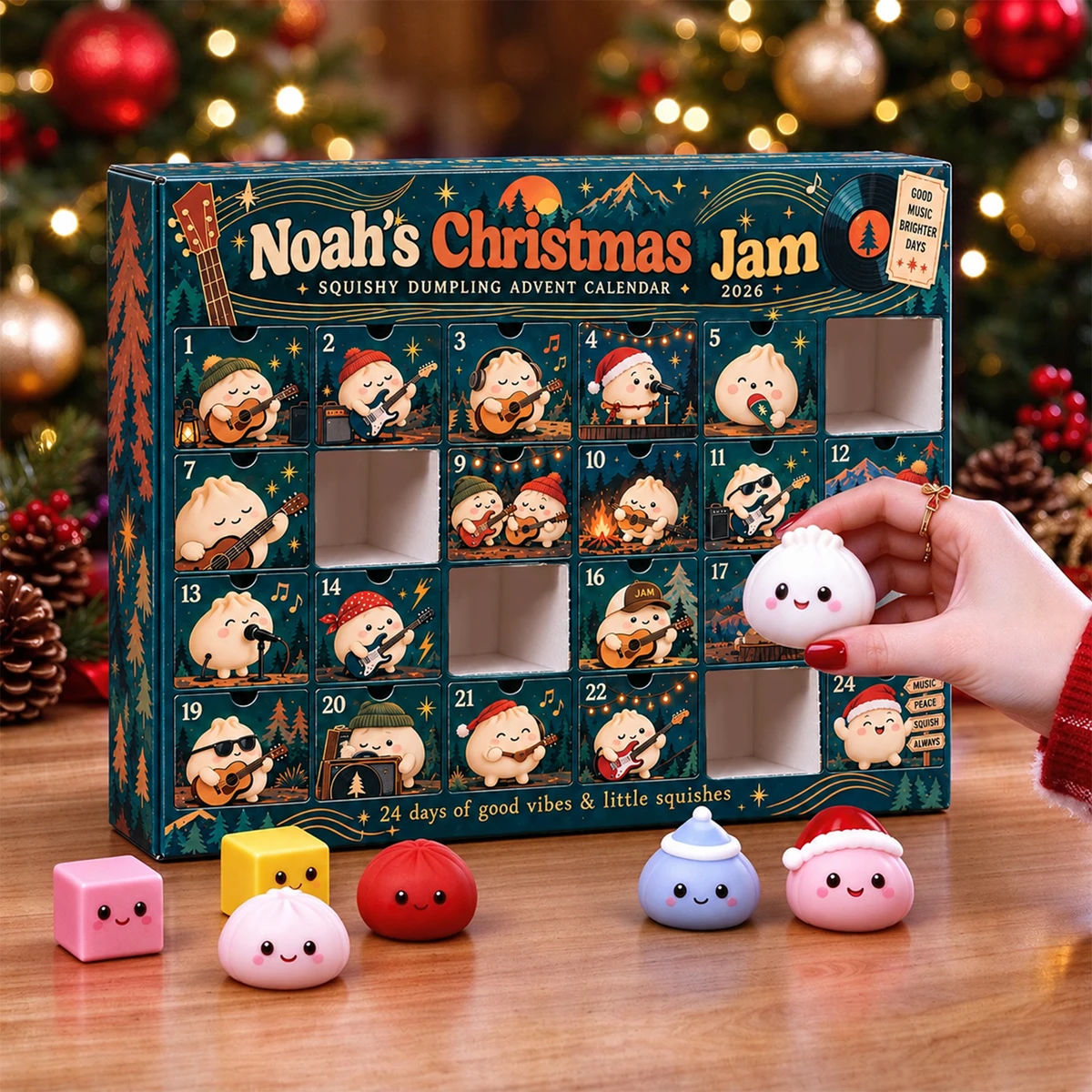 Personalized Dumpling Advent Calendar Custom Name – Christmas Music Theme, 24 Days Of Squishy Mystery Fidget Toys Holiday Countdown Gift