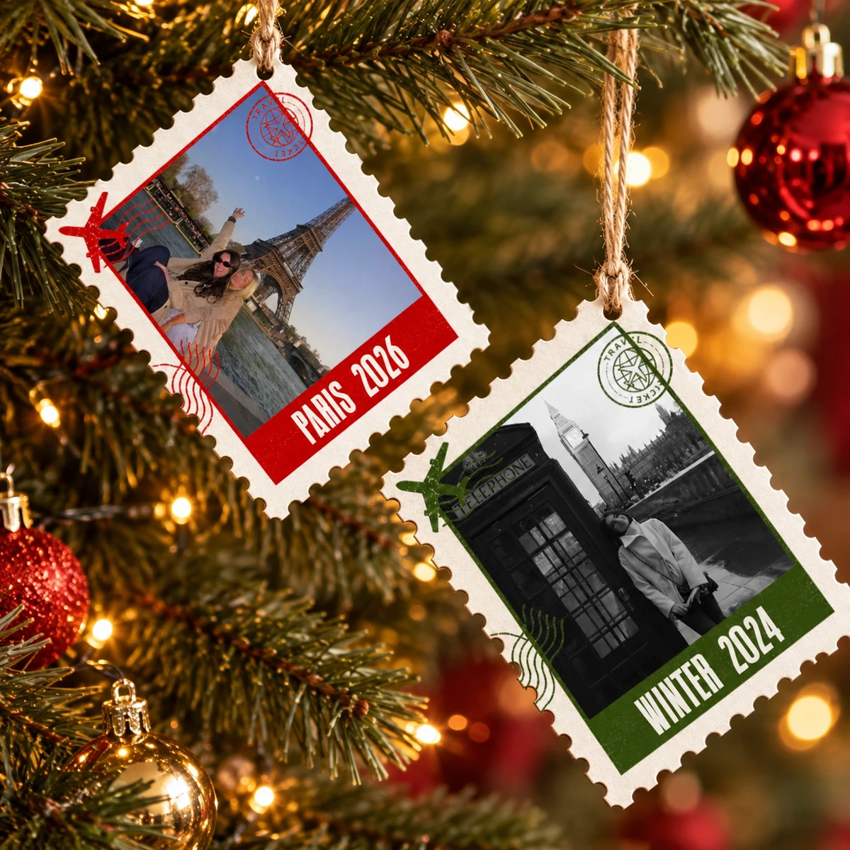 Personalized Travel Fiberwood Christmas Ornament Custom Text, Vintage Postage Stamp Photo Keepsake, Travel Memory Tree Decor, Vacation Gift