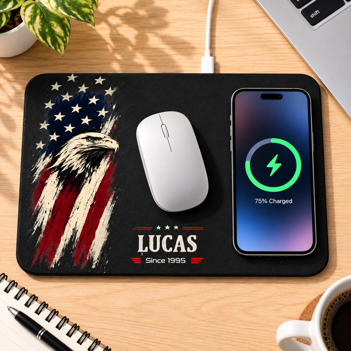 American Eagle Flag Custom Name & Year - Personalized Wireless Charging Mouse Pad