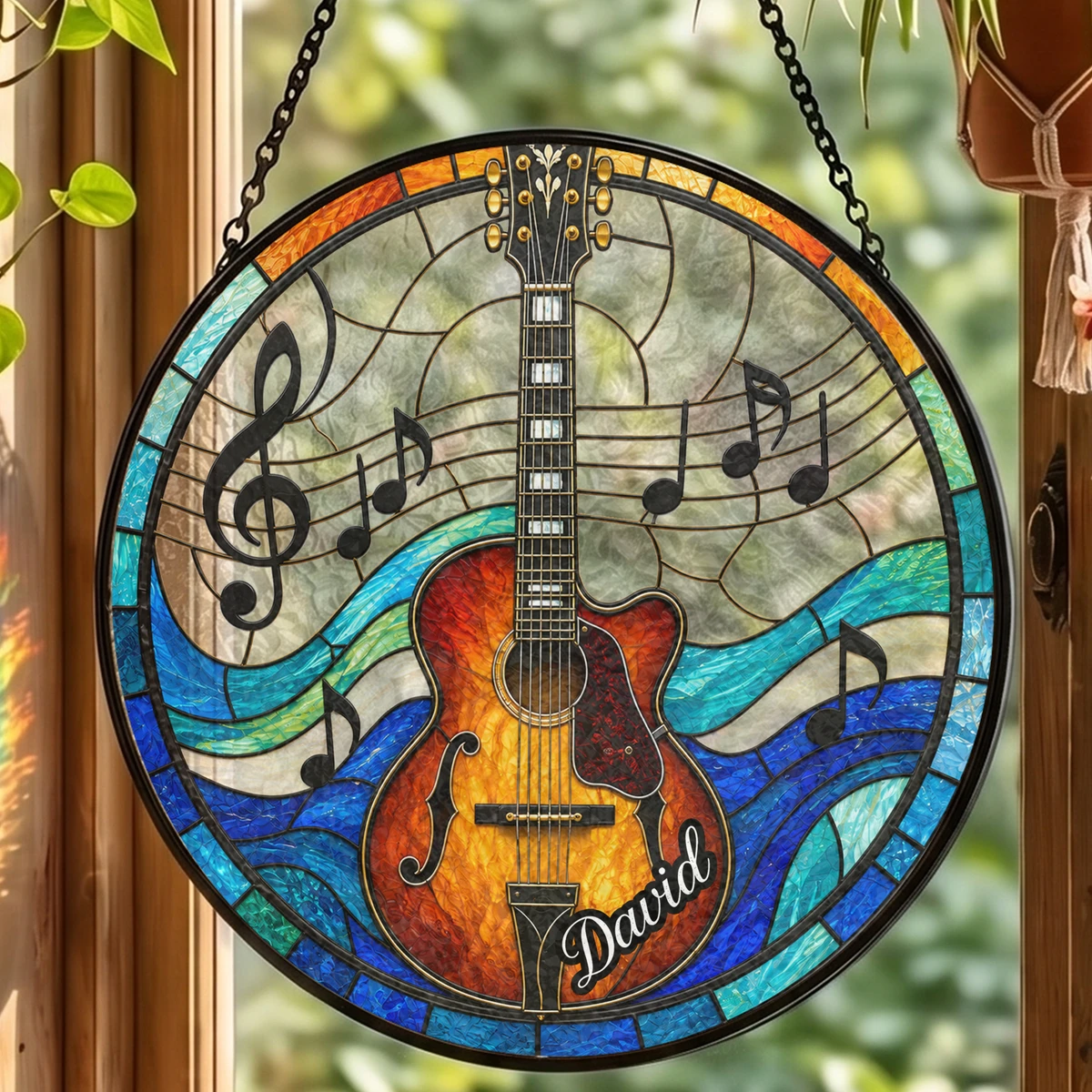 Personalized Guitar Stained Glass Suncatcher – Custom Name Music Window Hanging Ornament, Guitar Lover Gift, Musician Gift