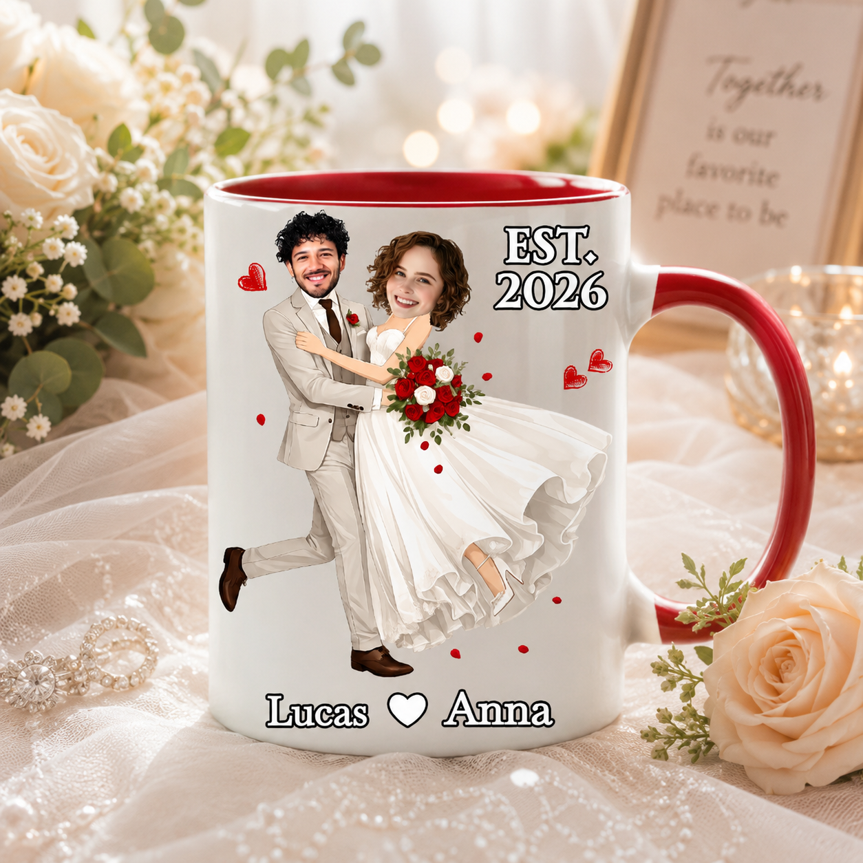 Custom Face Wedding Couple Mug – Personalized Newlywed Coffee Cup With Names & Date, Unique Wedding Gift For Bride And Groom