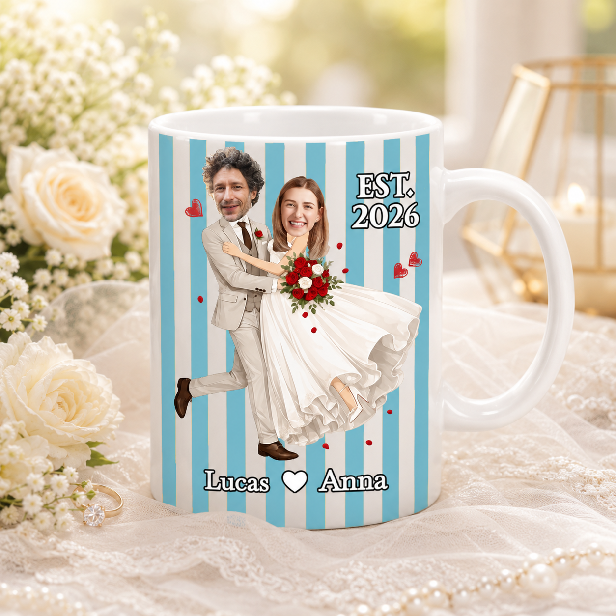 Custom Face Wedding Couple Striped Mug – Personalized 11oz/15oz Newlywed Coffee Cup With Names & Date, Unique Wedding Gift
