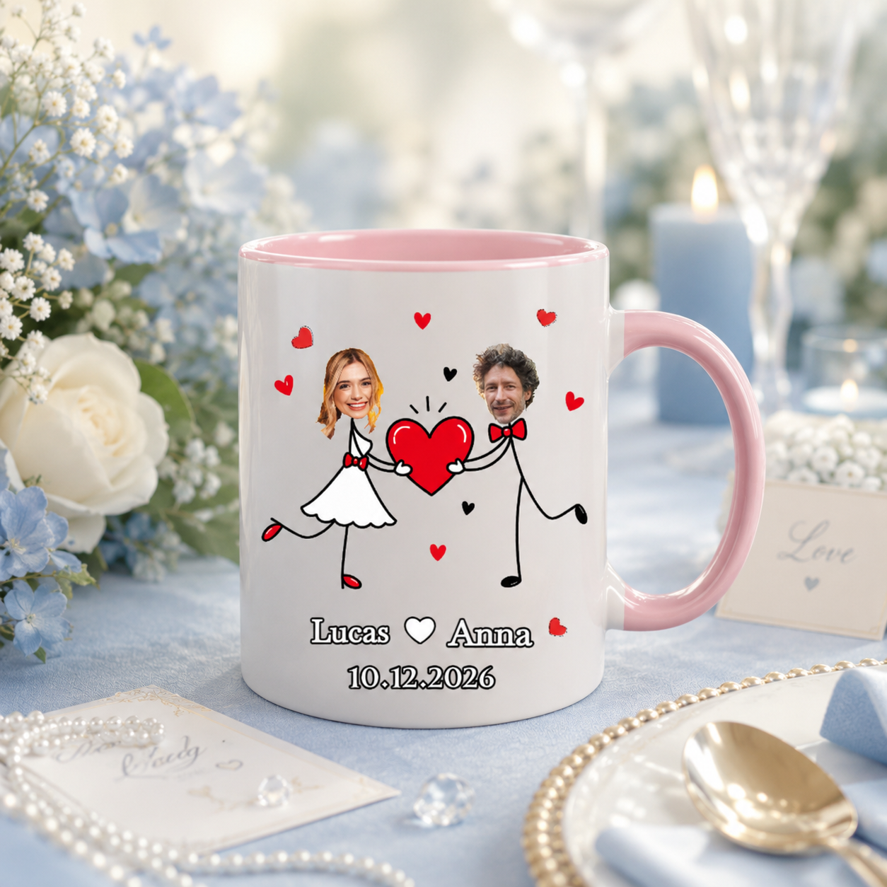 Custom Stick Figure Wedding Mug – Personalized Newlywed Photo Coffee Cup, Unique Engagement & Wedding Gift For Couples