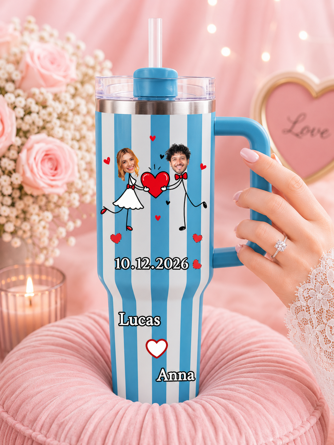 Custom Face Stick Figure Striped 40oz Tumbler – Personalized Stainless Steel Travel Cup With Names & Date, Unique Wedding Gift