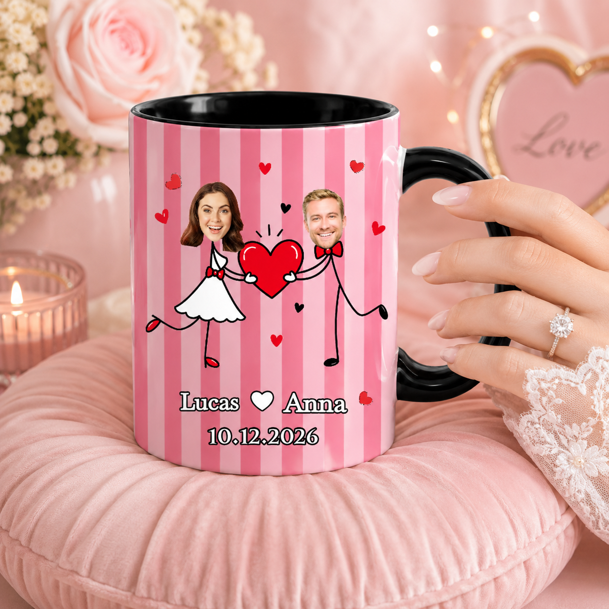 Custom Face Stick Figure Striped Mug – Personalized Newlywed Coffee Cup With Names & Date, Unique Wedding Gift