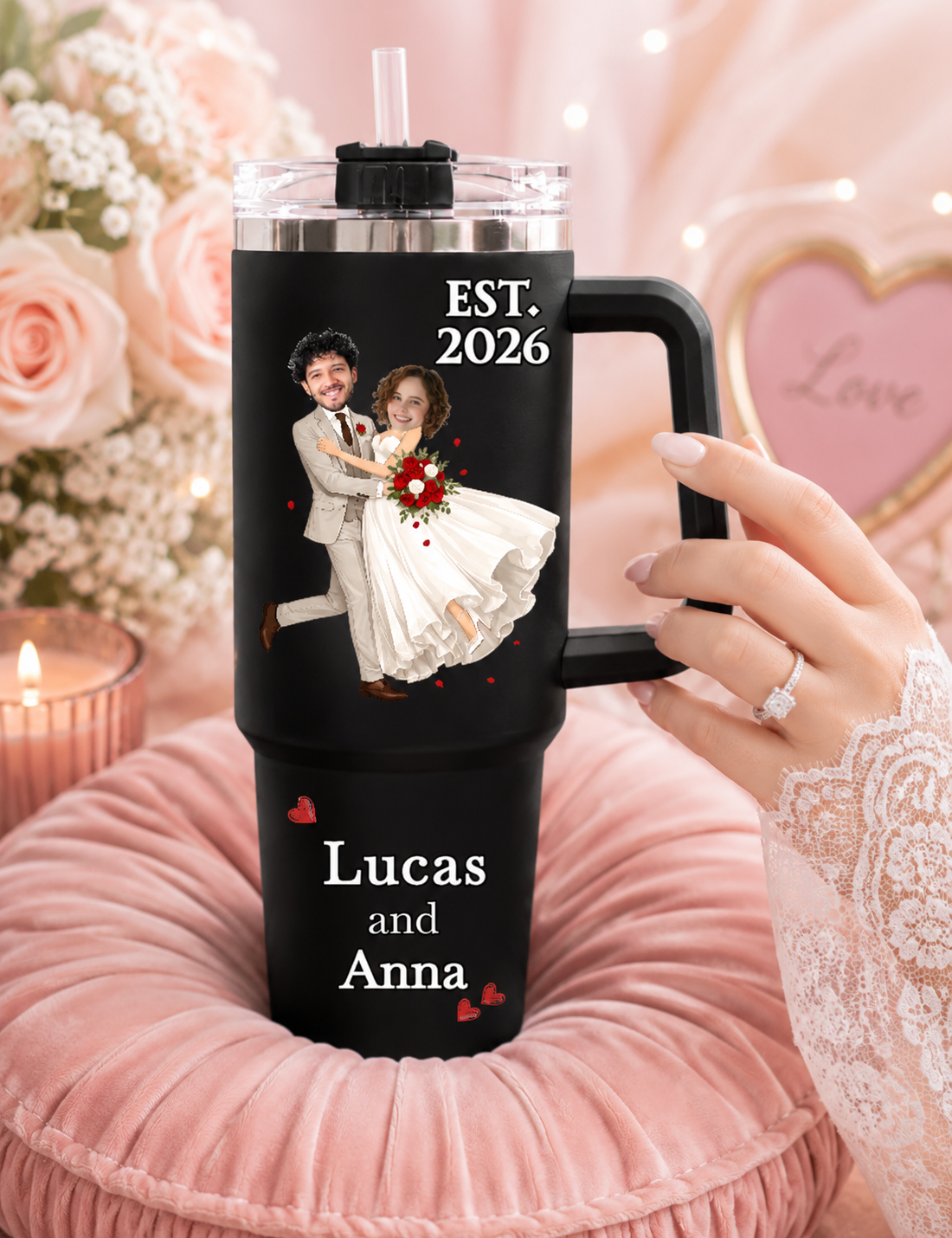 Custom Face Wedding Couple 40oz Tumbler – Personalized Stainless Steel Travel Cup With Names & Date, Unique Wedding Gift