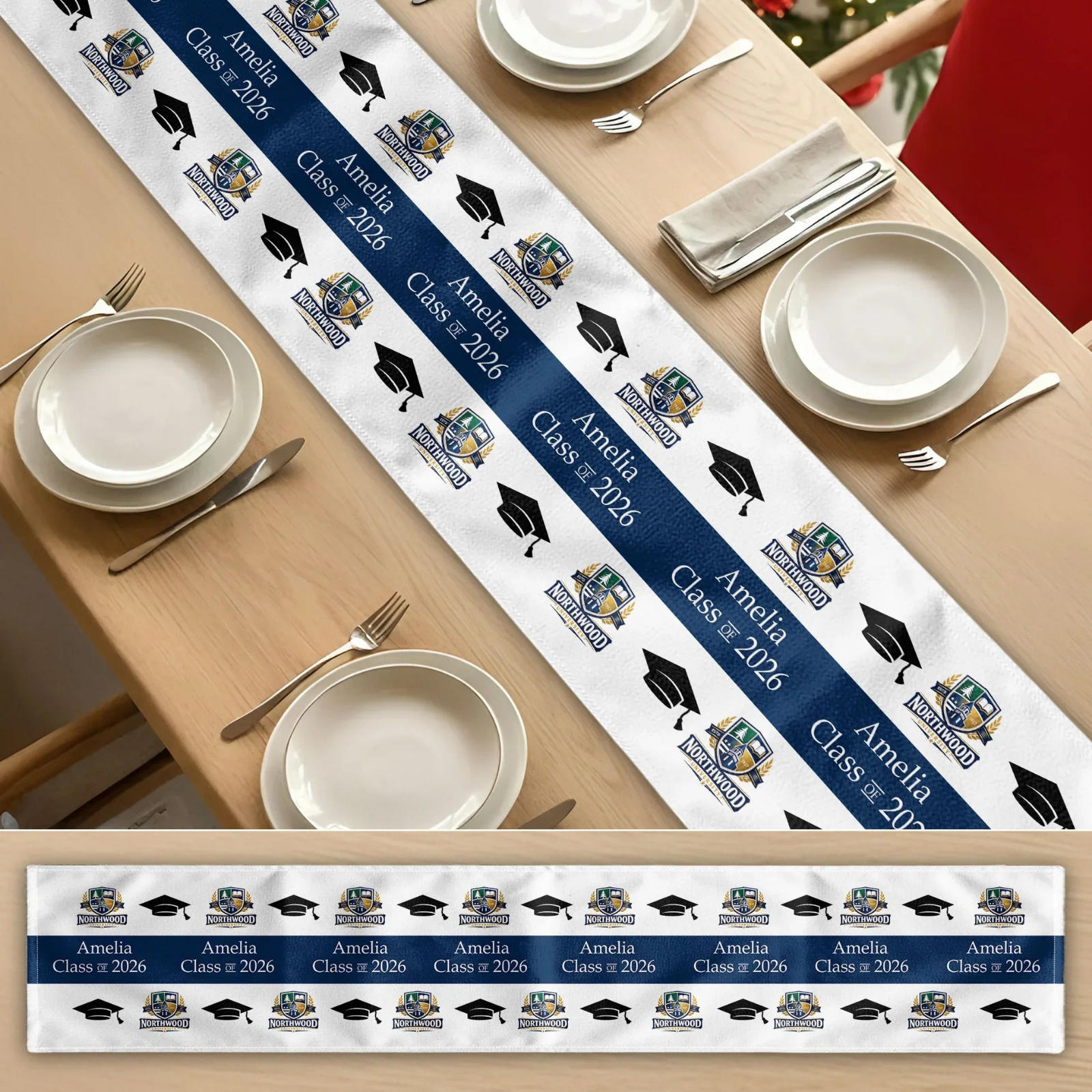 Custom Graduation Table Runner With Cap Icons And Bold Blue Layout, Graduation Party Centerpiece, Creative Gift