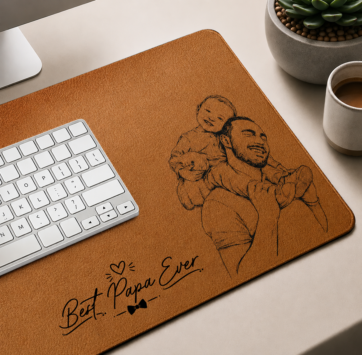 Custom Photo Pencil Sketch Family Portrait Best Grandpa Dad Ever - Personalized Leather Desk Mat