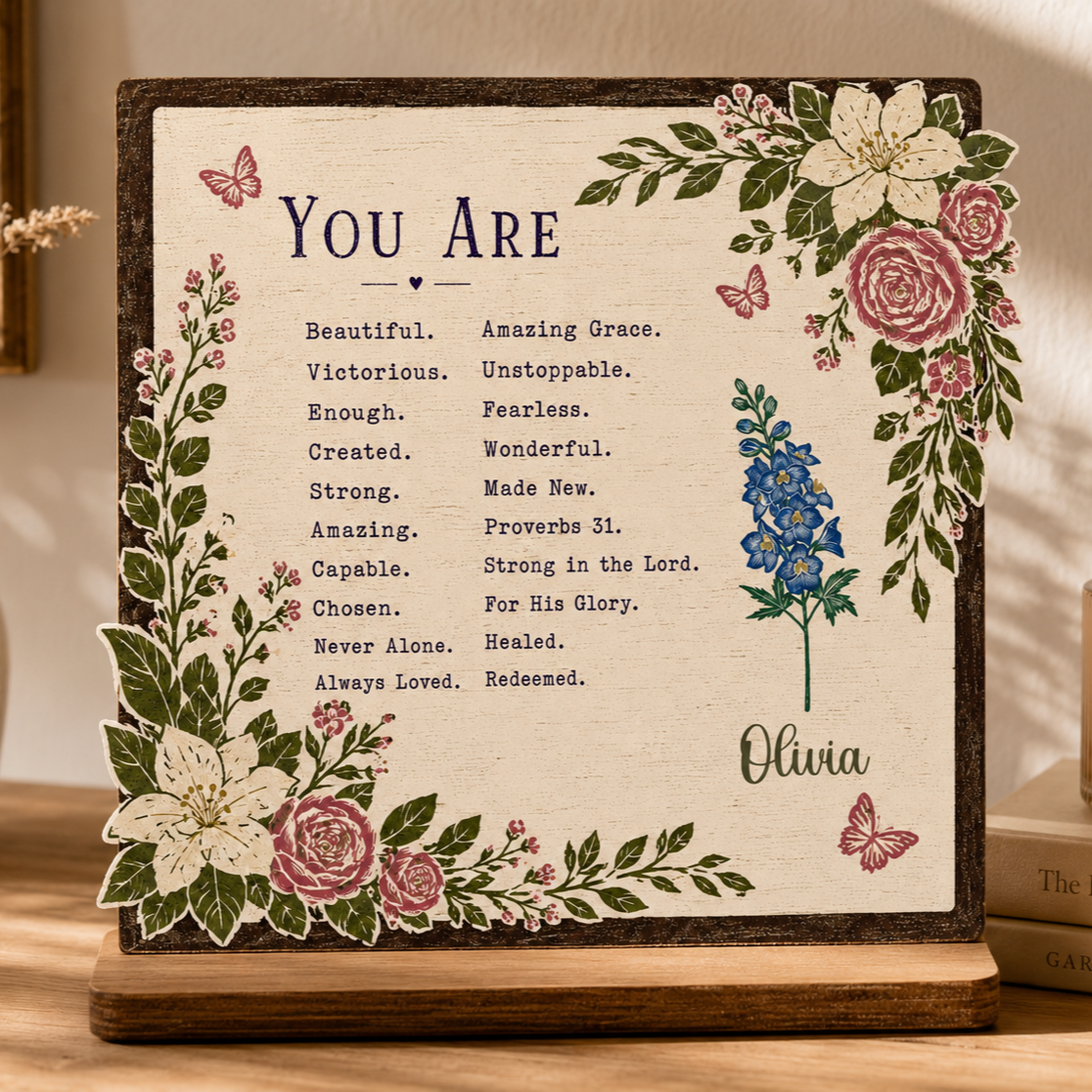 2-Layer Wooden Plaque Personalized With Encouraging Bible Verses And Purple Florals, Heartfelt Gift For Daughter Or Friend