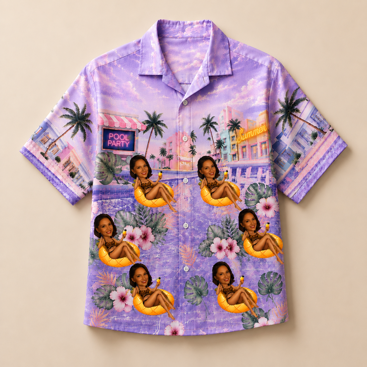 Custom Photo Aloha Shirt, Personalized Summer Hawaiian Shirt, Tropical Pool Scene Shirt