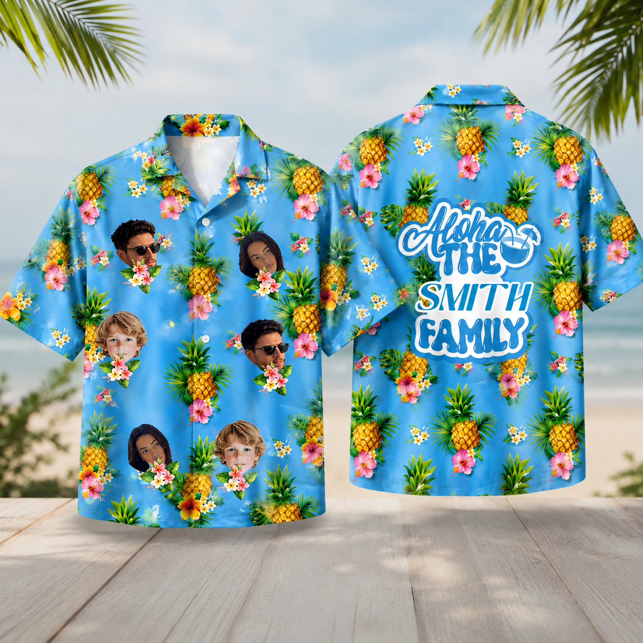 Custom Family Name Hawaiian Shirt With Face Photo, Tropical Aloha Family Matching Outfit