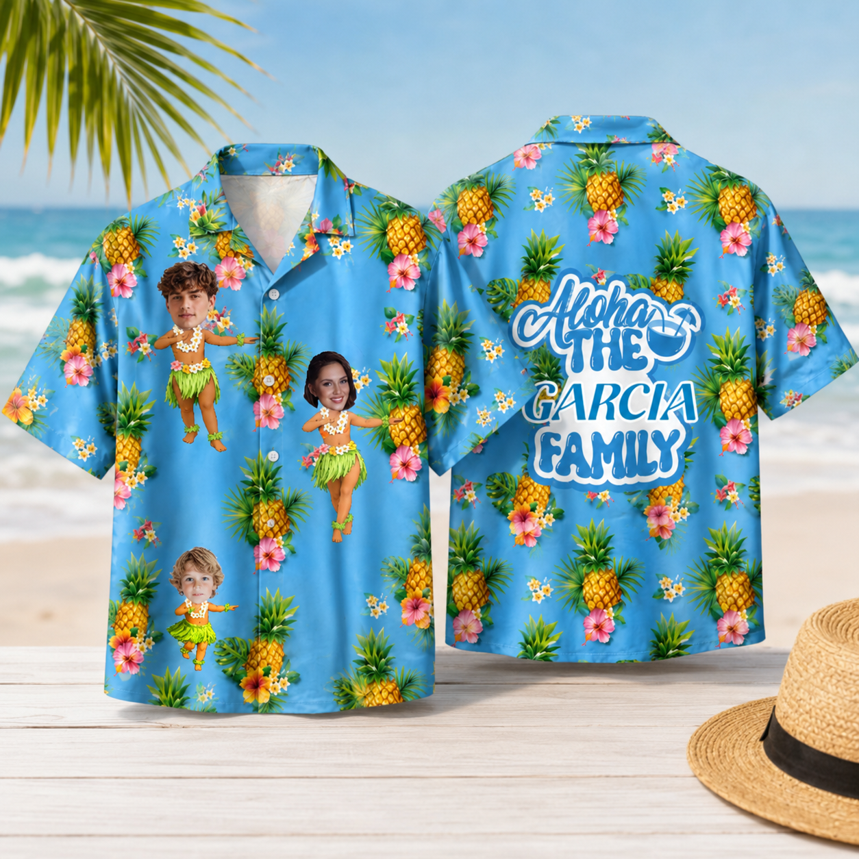 Personalized Hawaiian Shirt For Family Vacation, Upload Multiple Faces, Custom Surname Beach Shirt
