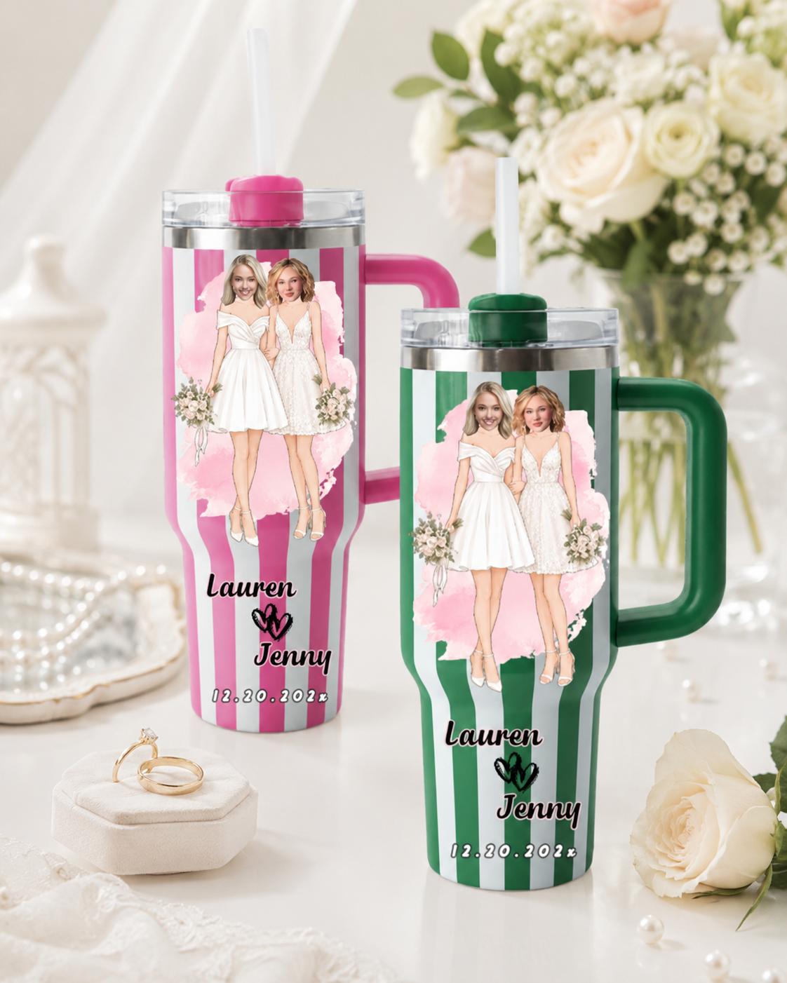 Personalized Two Brides 40oz Striped Tumbler – Insulated Keepsake