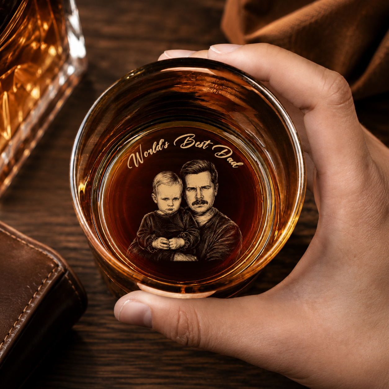 Custom Photo Pencil Sketch Art Our First Father'S Day Together Portrait - Personalized Engraved Whiskey Glass