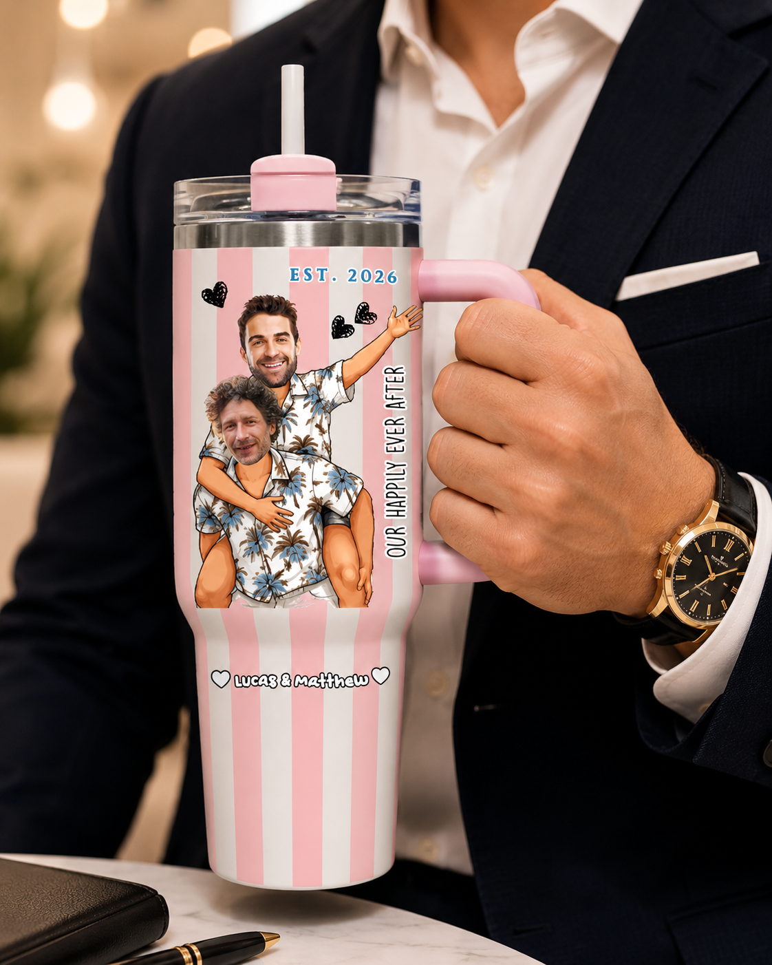 Personalized "Happily Annoying" 40oz Striped Tumbler Set