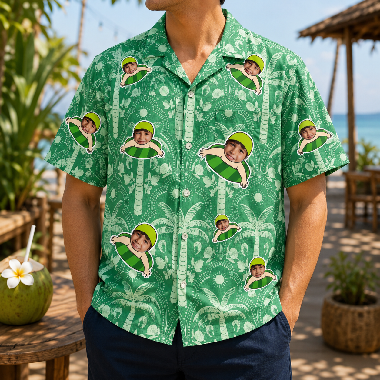 Personalized "Palm & Swim Ring" Aloha Shirt (Green Edition)