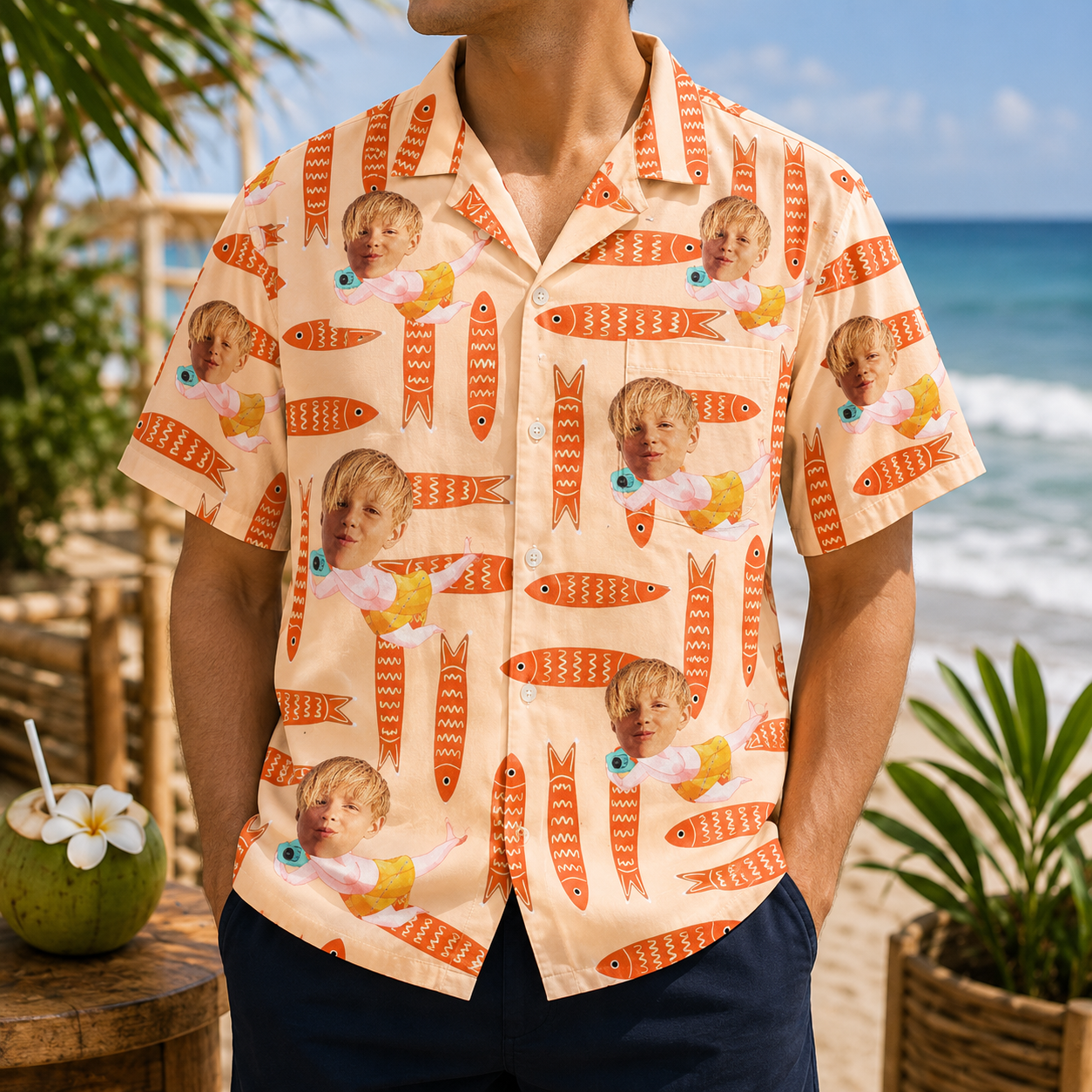 Personalized "Little Fish" Aloha Shirt (Warm Beige Edition)